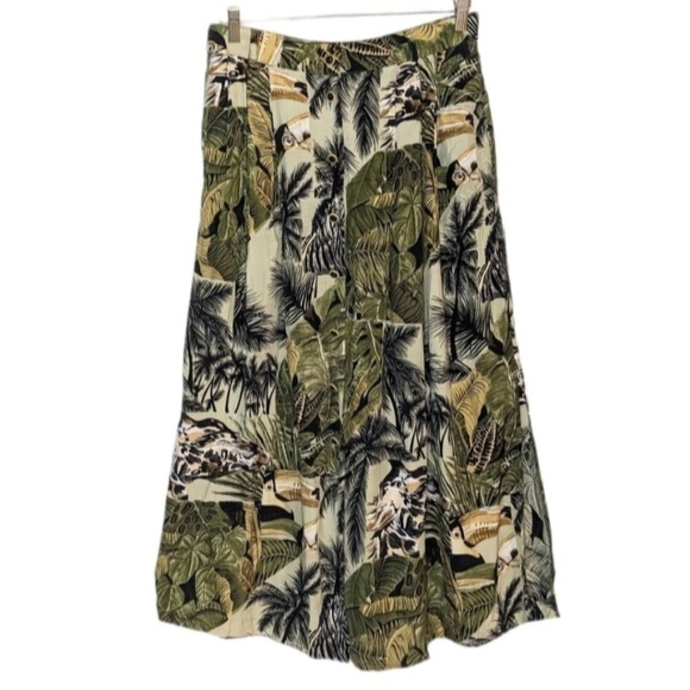 Vintage 100%rayon tropical safari print olive green button down maxi skirt large
